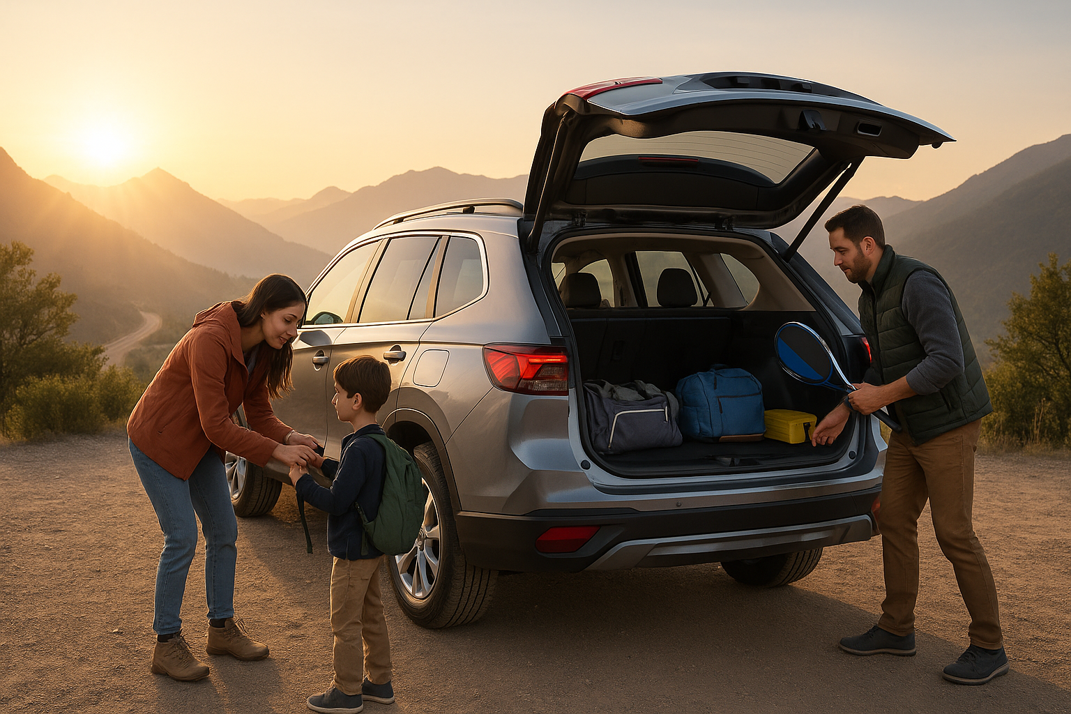 Modern SUV at a mountain overlook with gear being loaded