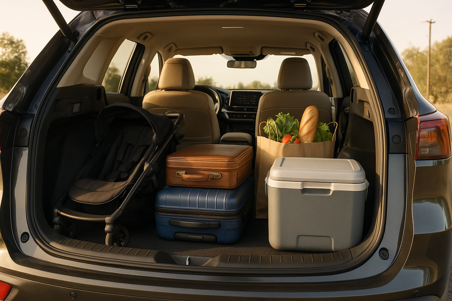 Open SUV cargo area packed with everyday family items