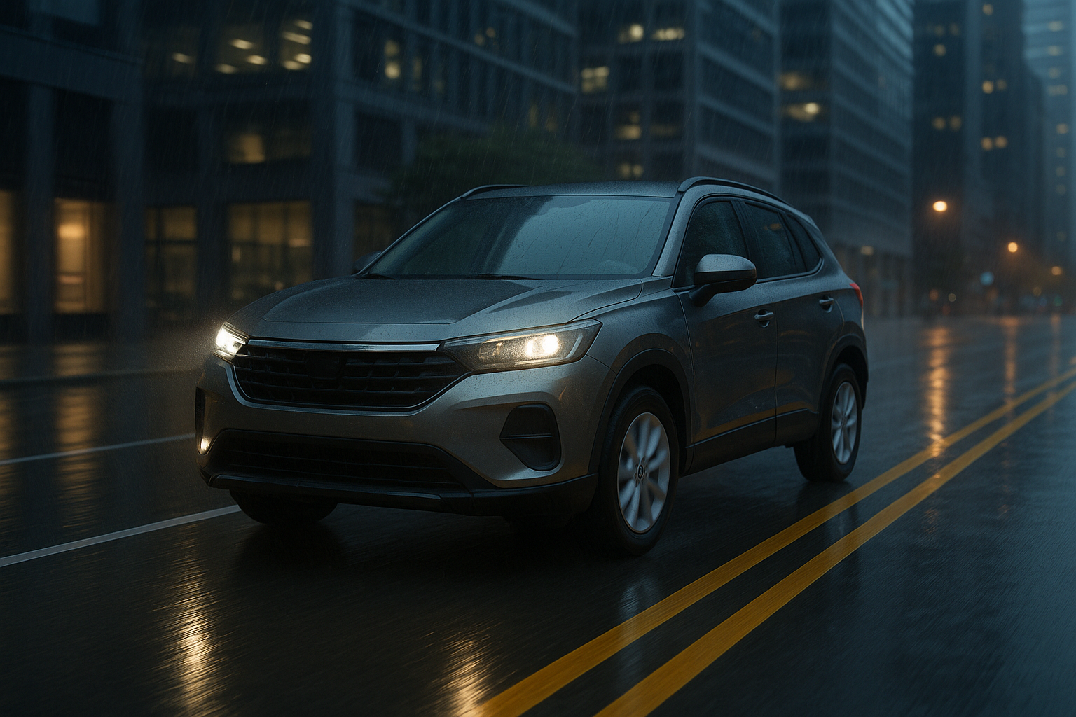 Compact SUV driving through a rainy city street at dusk